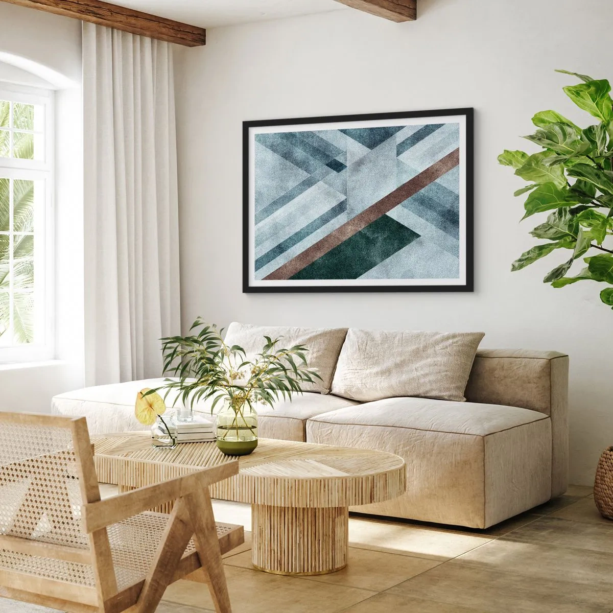 Poster in einem schwarzem Rahmen - Geometrische Formen in kühlen Blau- und Brauntönen - 70x50cm - Anspruchsvolle Eleganz der Geometrie - Moderne Wanddekoration für Wohnzimmer und Schlafzimmer ARTTOR