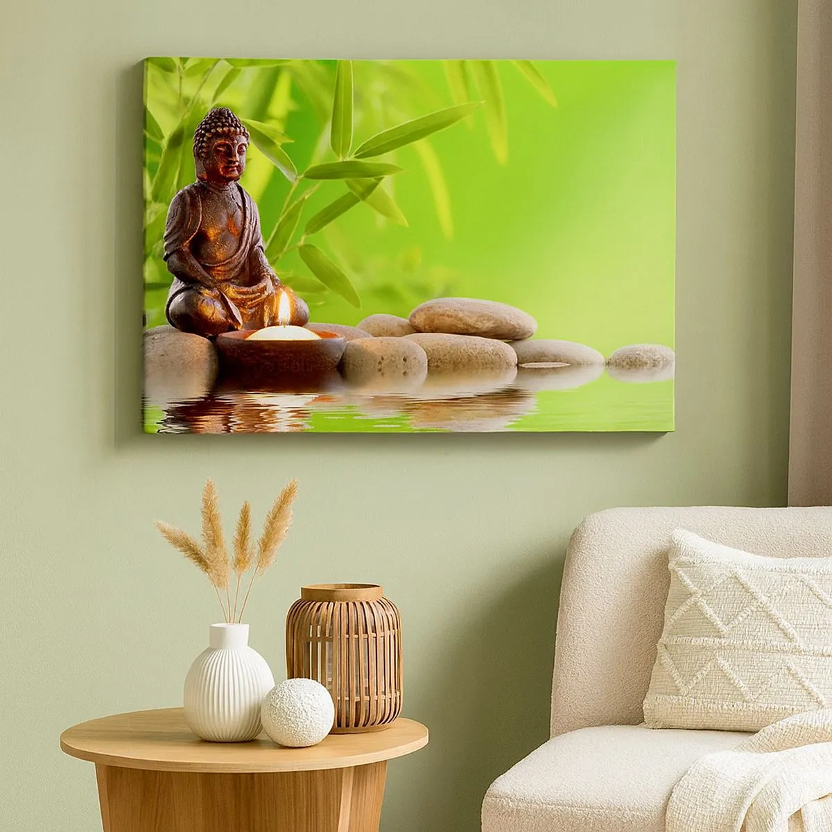 Bild auf Leinwand - Leinwandbild - Buddha-Figur mit Steinen und einer Kerze vor Bambus-Hintergrund - 70x50cm - Das Leben ist wunderschoen - Moderne Wanddekoration für Wohnzimmer und Schlafzimmer ARTTOR