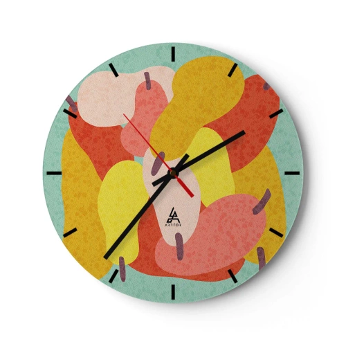 Wanduhr - Glasuhr - Bunte Birnen im grafischen Stil auf türkisfarbenem Hintergrund - 30x30cm - Probieren Sie die Sommersonne - Moderne Wanddekoration für Wohnzimmer, Küche und Schlafzimmer ARTTOR