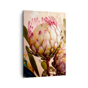 Bild auf Leinwand - Leinwandbild - Bunte Protea-Blüten auf zartem Hintergrund - 50x70cm - Zärtlich umarmt - Moderne Wanddekoration für Wohnzimmer und Schlafzimmer ARTTOR