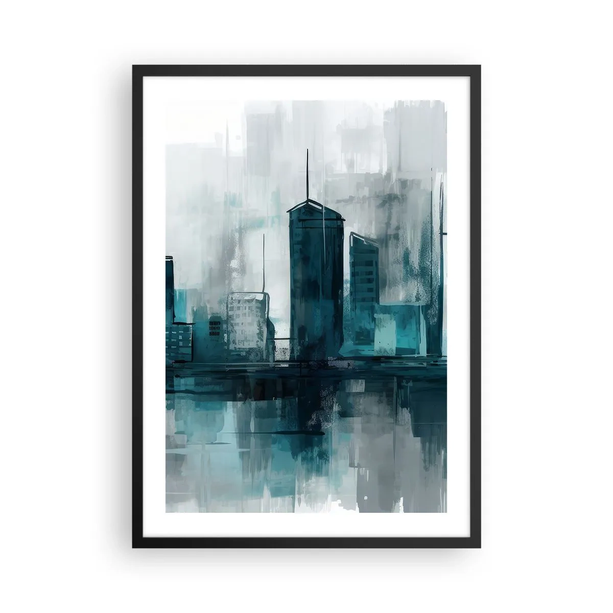 Poster in einem schwarzem Rahmen - Ein modernes Stadtpanorama in Blautönen - 50x70cm - Eine Stadt in der Farbe des Regens - Moderne Wanddekoration für Wohnzimmer und Schlafzimmer ARTTOR