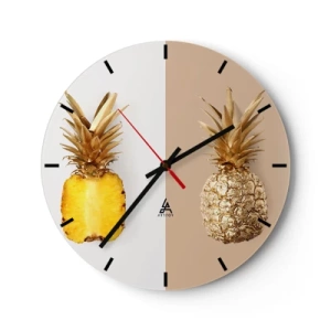Wanduhr - Glasuhr - Eine goldene Ananas und ihr Querschnitt auf zweifarbigem Hintergrund - 30x30cm - Ananas für uns - Moderne Wanddekoration für Wohnzimmer, Küche und Schlafzimmer ARTTOR