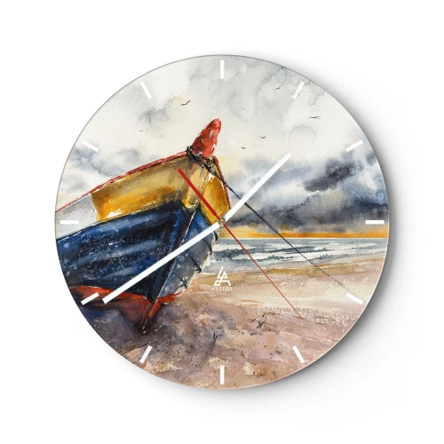 Wanduhr - Glasuhr - Ein buntes Boot an einem Sandstrand im malerischen Stil - 30x30cm - Erholung am Ufer - Moderne Wanddekoration für Wohnzimmer, Küche und Schlafzimmer ARTTOR
