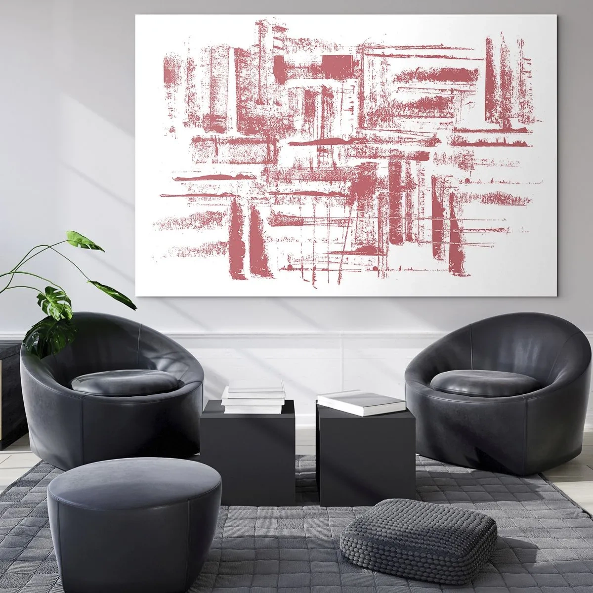 Glasbild - Bild auf glas - Eine abstrakte Komposition in Rot, die an die Umrisse städtischer Architektur erinnert. - 70x50cm - Die rote Stadt - Moderne Wanddekoration für Wohnzimmer und Schlafzimmer ARTTOR