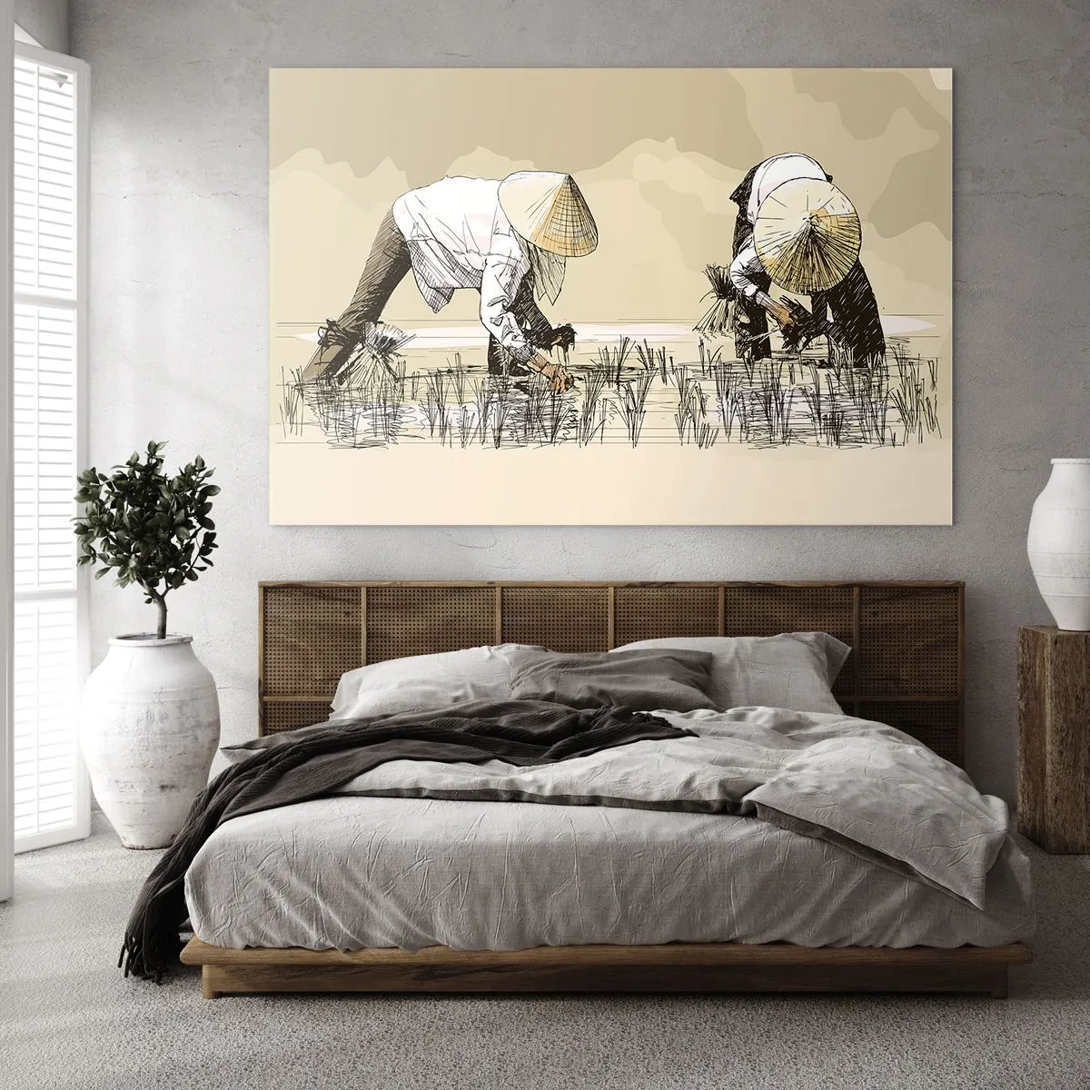 Glasbild - Bild auf glas - Eine minimalistische Illustration von Bauern bei der Arbeit - 120x80cm - Erfolgreiche Ernte - Moderne Wanddekoration für Wohnzimmer und Schlafzimmer ARTTOR