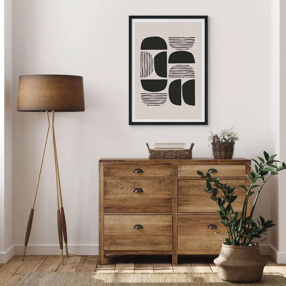 Poster in einem schwarzem Rahmen - Geometrische Abstraktion mit schwarzen Formen und Linien - 50x70cm - Halbherzige Deals - Moderne Wanddekoration für Wohnzimmer und Schlafzimmer ARTTOR