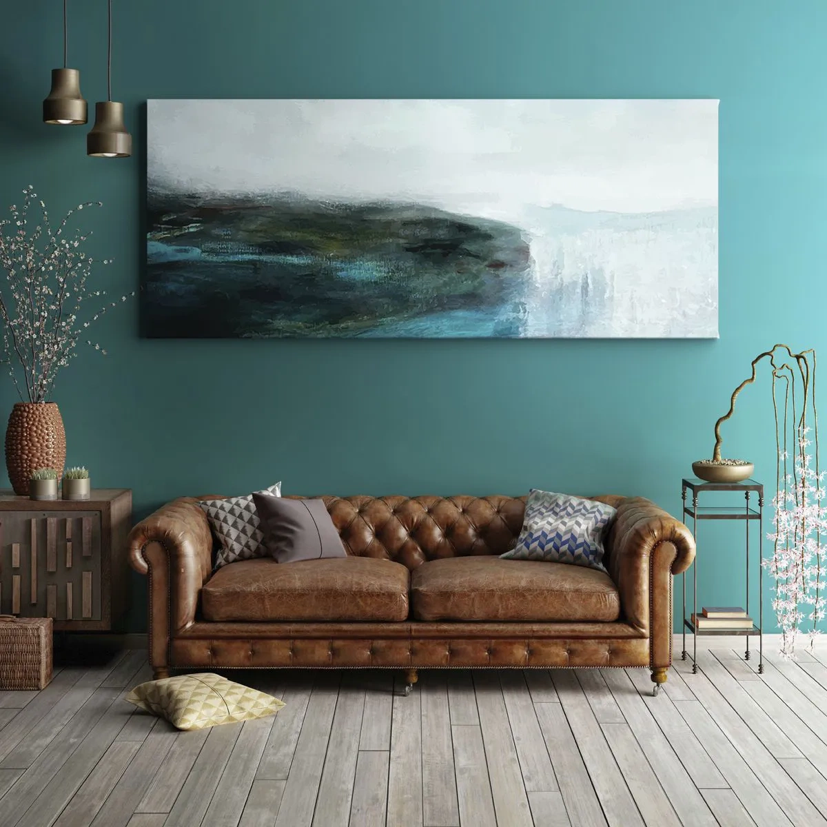 Bild auf Leinwand - Leinwandbild - Abstrakte Landschaft in Türkis- und Grautönen - 120x50cm - Nautische Abstraktion - Moderne Wanddekoration für Wohnzimmer und Schlafzimmer ARTTOR