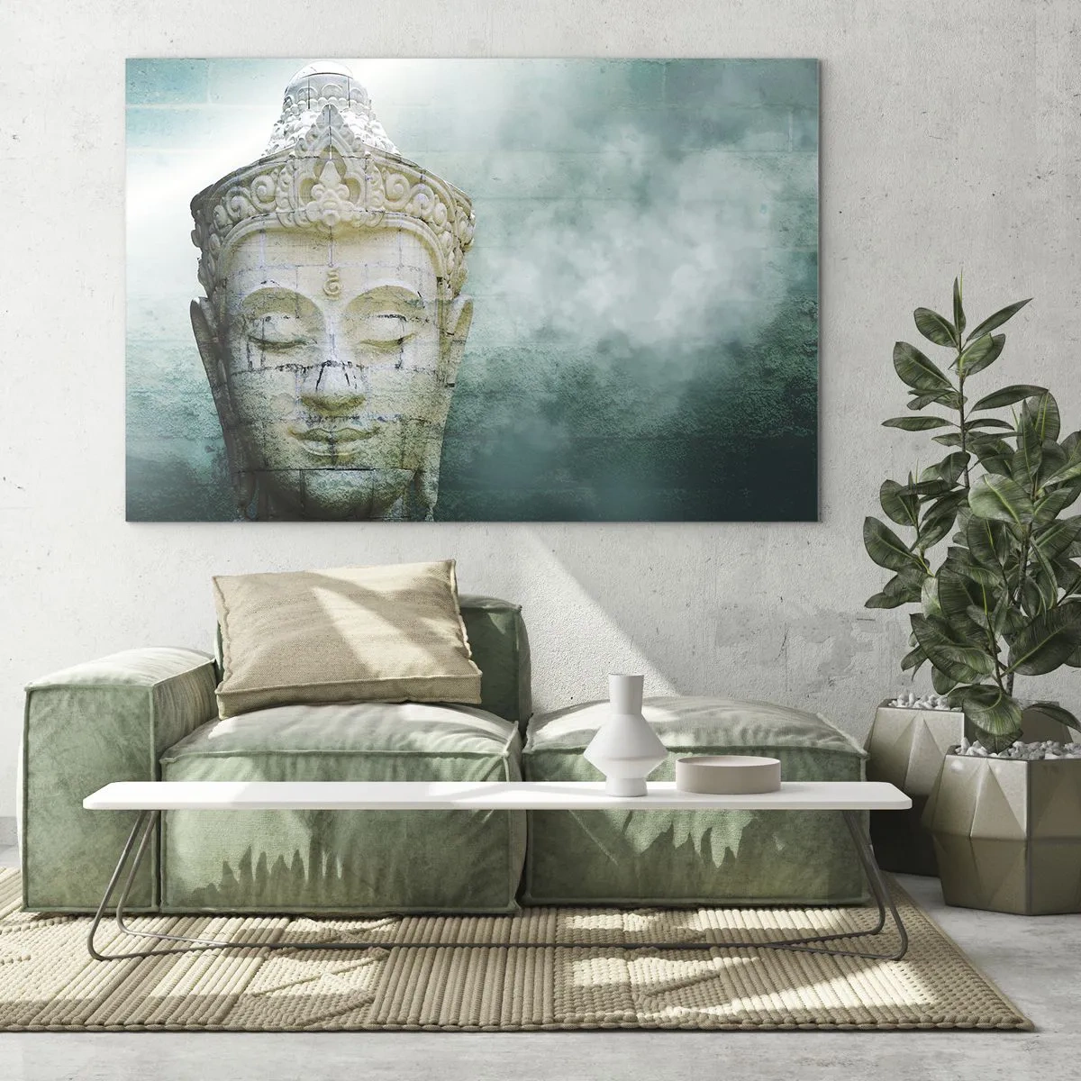 Glasbild - Bild auf glas - Buddha-Statue in mystischer Atmosphäre - 70x50cm - Auf der Suche nach dem Licht - Moderne Wanddekoration für Wohnzimmer und Schlafzimmer ARTTOR