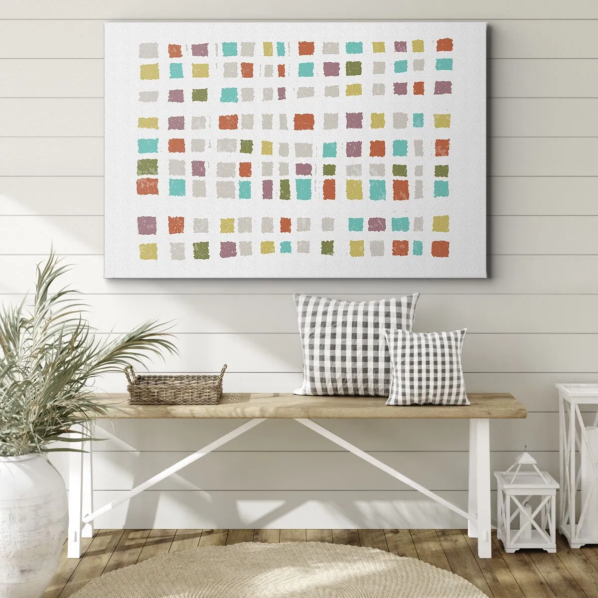 Bild auf Leinwand - Leinwandbild - Bunte Quadrate in minimalistischer Anordnung auf weißem Hintergrund - 100x70cm - Unbekanntes Spiel - Moderne Wanddekoration für Wohnzimmer und Schlafzimmer ARTTOR