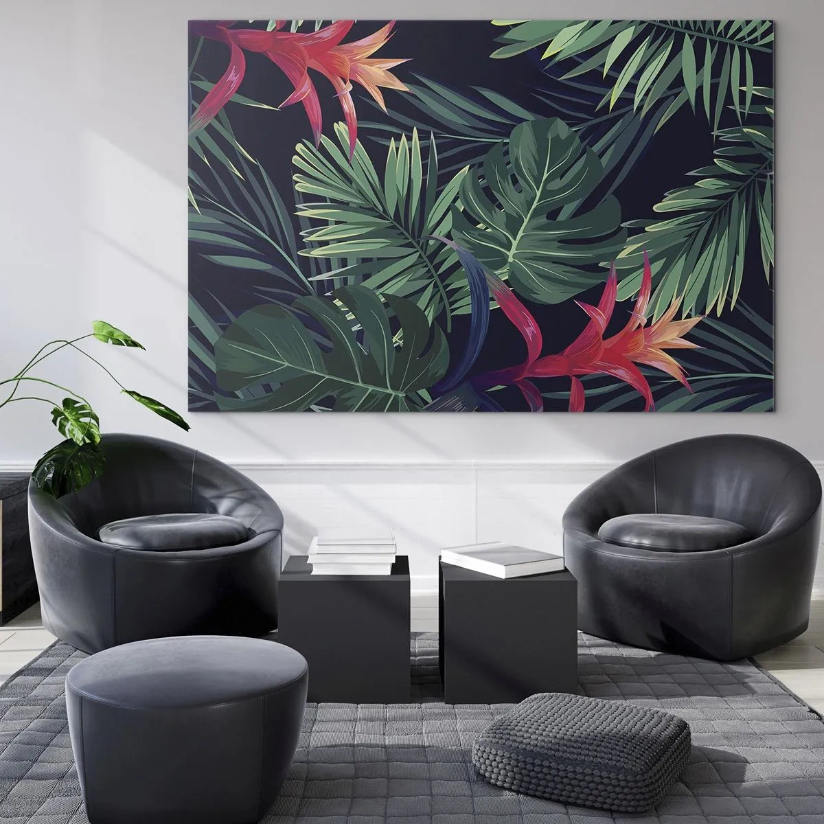 Glasbild - Bild auf glas - Exotische Blätter und Blüten auf dunklem Hintergrund - 70x50cm - Im Grünen in Flammen gehen - Moderne Wanddekoration für Wohnzimmer und Schlafzimmer ARTTOR