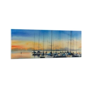Glasbild - Bild auf glas - Yachthafen bei Sonnenuntergang mit Spiegelungen auf dem Wasser - 140x50cm - Ende eines guten Tages - Moderne Wanddekoration für Wohnzimmer und Schlafzimmer ARTTOR