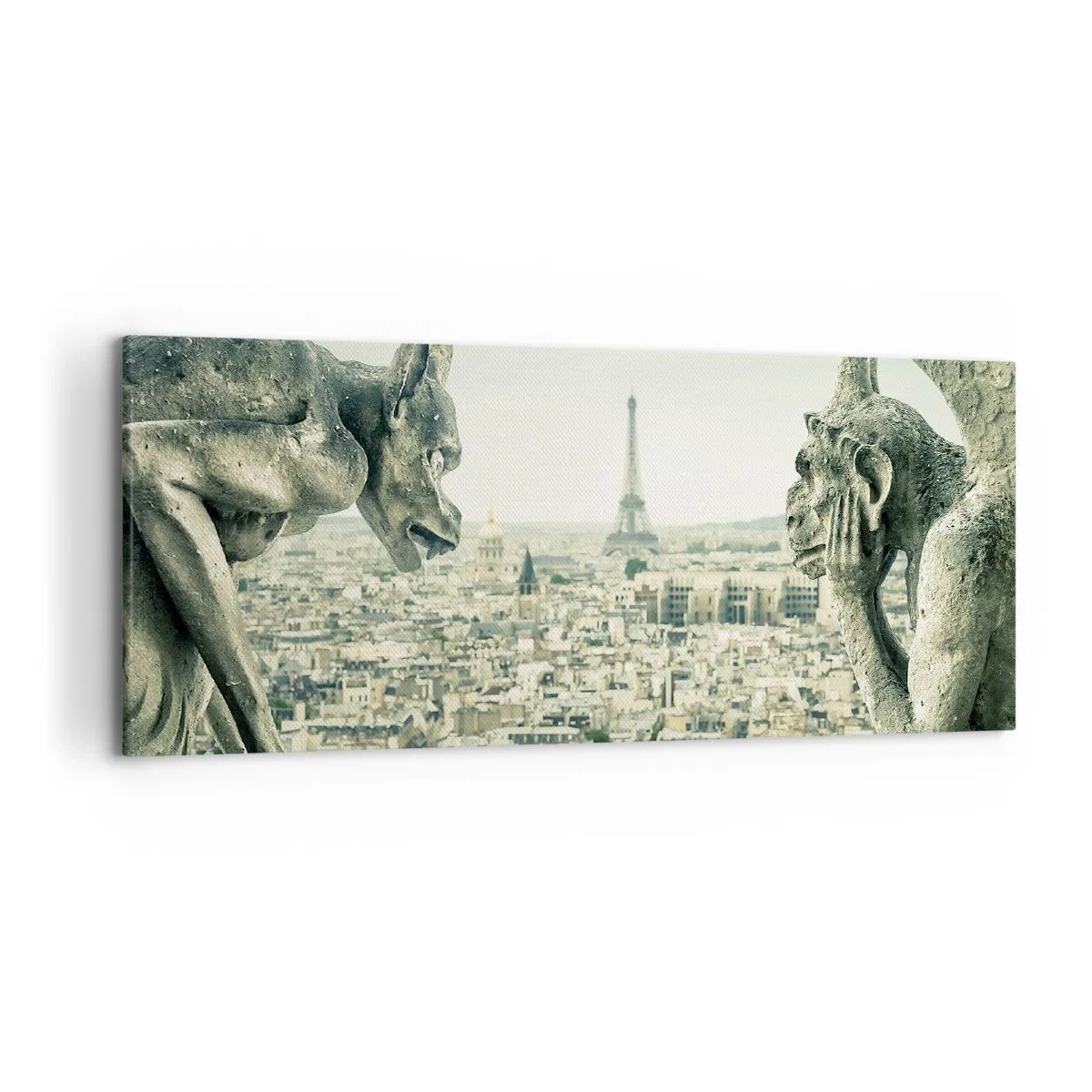 Bild auf Leinwand - Leinwandbild - Wasserspeier mit Blick auf die Skyline von Paris und den Eiffelturm - 120x50cm - Pariser Plaudern - Moderne Wanddekoration für Wohnzimmer und Schlafzimmer ARTTOR
