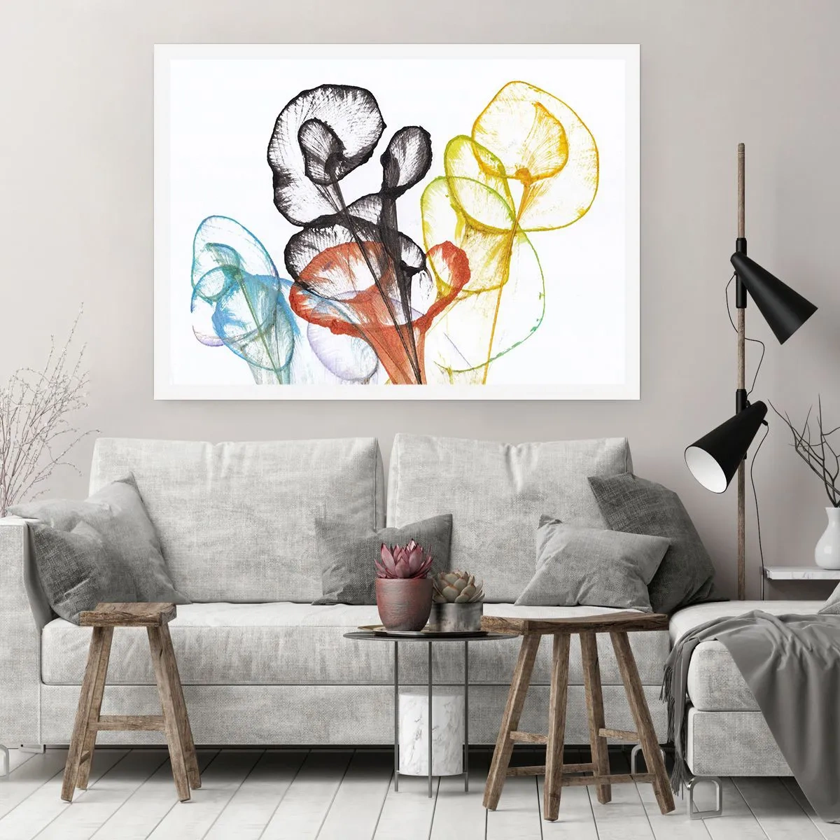 Poster - Bunte transparente Blumen auf weißem Hintergrund - 100x70cm - Blumen mit Seele - Moderne Wanddekoration für Wohnzimmer und Schlafzimmer ARTTOR