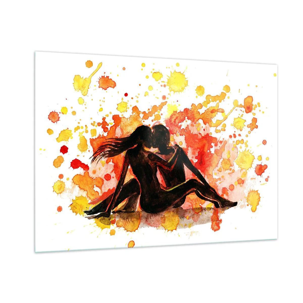 Glasbild - Bild auf glas - Silhouette eines Paares vor einem Hintergrund aus bunten Aquarellflecken - 100x70cm - Und es war Licht - Moderne Wanddekoration für Wohnzimmer und Schlafzimmer ARTTOR