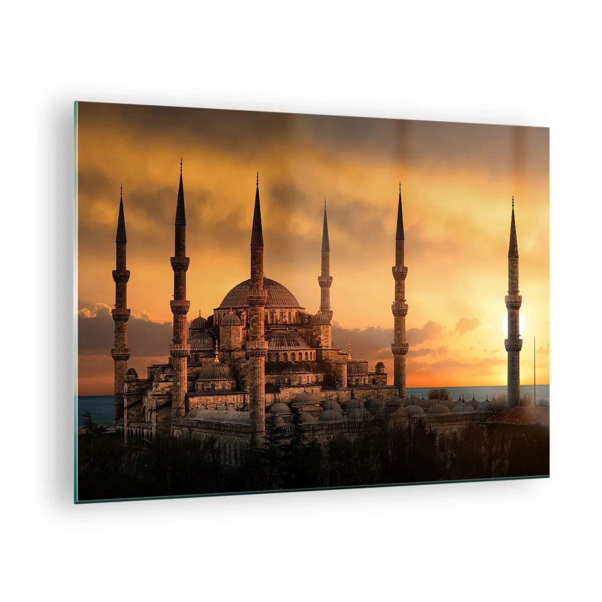 Glasbild - Bild auf glas - Die Blaue Moschee vor der Kulisse des Sonnenuntergangs - 70x50cm - Gott ist großartig - Moderne Wanddekoration für Wohnzimmer und Schlafzimmer ARTTOR