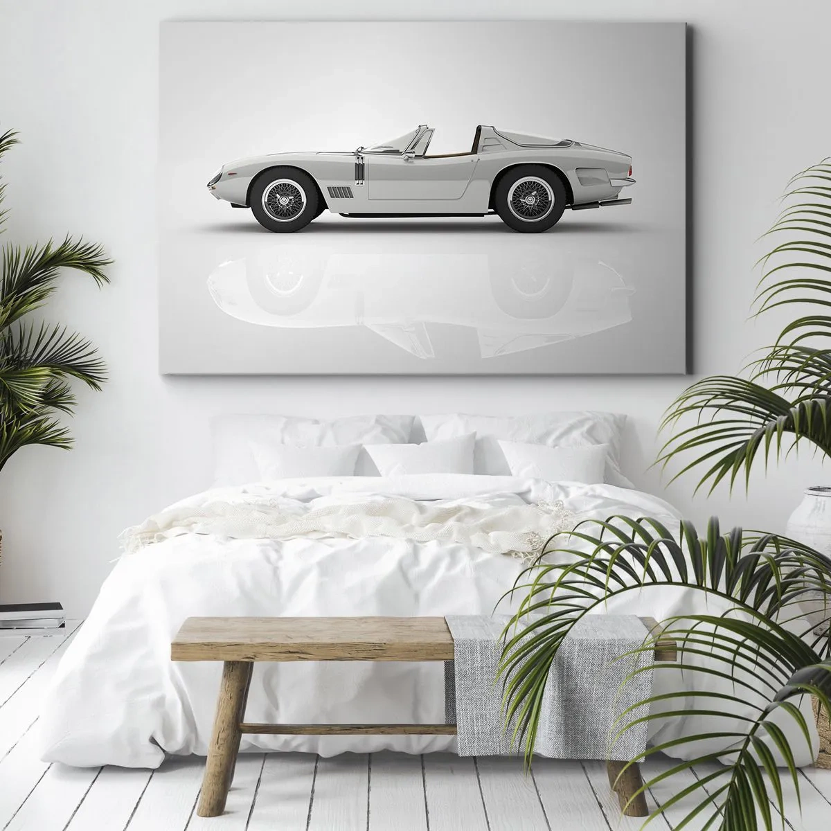 Bild auf Leinwand - Leinwandbild - Klassisches weißes Cabrio auf hellem Hintergrund - 120x80cm - Spaß versprochen - Moderne Wanddekoration für Wohnzimmer und Schlafzimmer ARTTOR