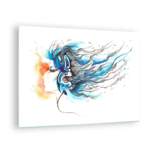 Glasbild - Bild auf glas - Eine Frau mit blauen Haaren und Kopfhörern, mit musikalischem Ausdruck - 70x50cm - Lass die Musik spielen - Moderne Wanddekoration für Wohnzimmer und Schlafzimmer ARTTOR
