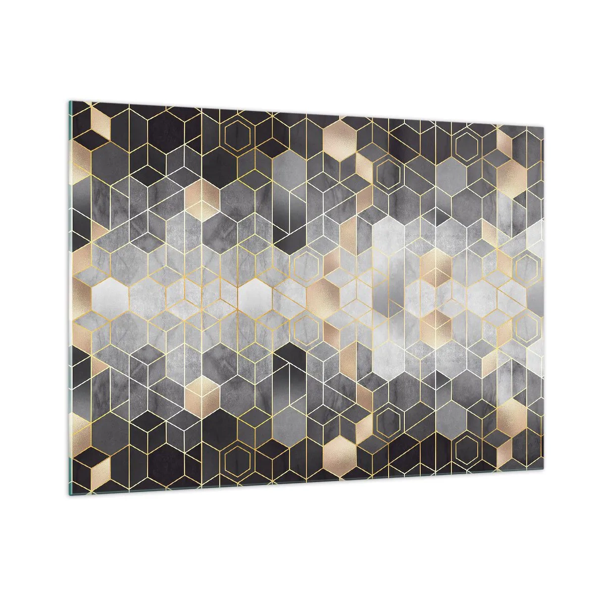 Glasbild - Bild auf glas - Geometrisches Muster aus Sechsecken in goldenen Linien - 100x70cm - Diamant-Komposition - Moderne Wanddekoration für Wohnzimmer und Schlafzimmer ARTTOR