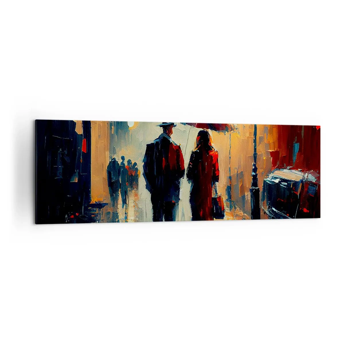 Bild auf Leinwand - Leinwandbild - Nachts im Regen unter einem Regenschirm in der Stadt spazieren gehen - 160x50cm - Urbane Liebesgeschichte - Moderne Wanddekoration für Wohnzimmer und Schlafzimmer ARTTOR