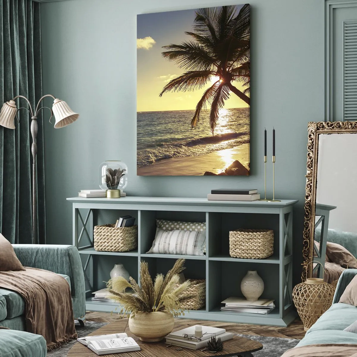Bild auf Leinwand - Leinwandbild - Tropischer Sonnenuntergang über einem Strand mit Palmen - 50x70cm - Sommer unter Palmen - Moderne Wanddekoration für Wohnzimmer und Schlafzimmer ARTTOR