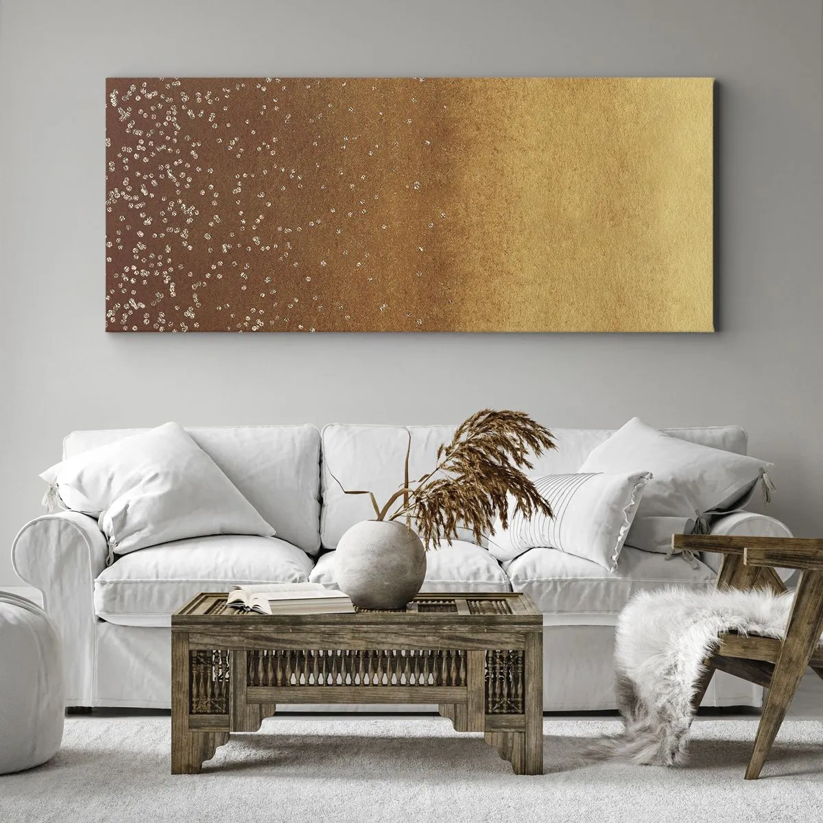Bild auf Leinwand - Leinwandbild - Ein goldener Farbverlauf mit dezentem Schimmer und Verzierung - 160x50cm - Die Geburt des Lichts - Moderne Wanddekoration für Wohnzimmer und Schlafzimmer ARTTOR