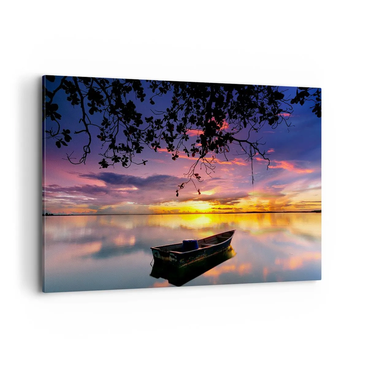 Bild auf Leinwand - Leinwandbild - Ein Boot auf ruhigem Wasser bei Sonnenuntergang - 120x80cm - Du scheinst mitten am Himmel zu hängen... - Moderne Wanddekoration für Wohnzimmer und Schlafzimmer ARTTOR