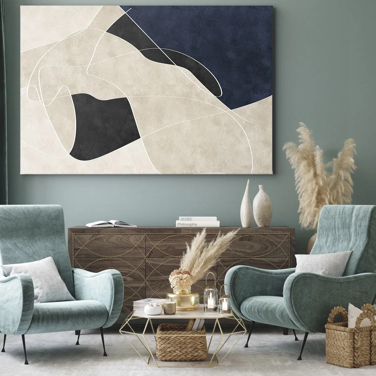 Bild auf Leinwand - Leinwandbild - Geometrische Abstraktion in Beige- und Marineblautönen - 120x80cm - Abstrakte Komposition – Farbkontrast - Moderne Wanddekoration für Wohnzimmer und Schlafzimmer ARTTOR