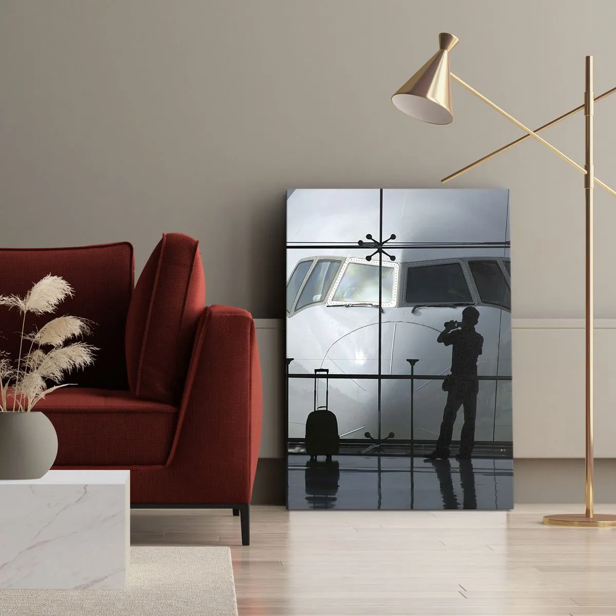 Bild auf Leinwand - Leinwandbild - Flughafen mit Silhouetten von Menschen und Blick auf das Flugzeug - 80x120cm - Vis a vis am Flughafen - Moderne Wanddekoration für Wohnzimmer und Schlafzimmer ARTTOR