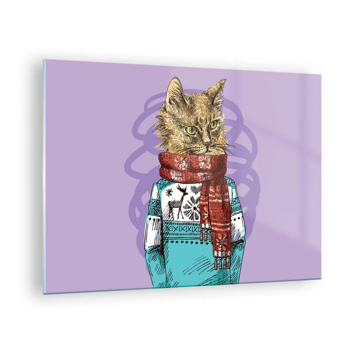 Glasbild - Bild auf glas - Eine Katze in Pullover und Schal auf violettem Hintergrund - 70x50cm - Die Katze nicht nur in Schuhen - Moderne Wanddekoration für Wohnzimmer und Schlafzimmer ARTTOR