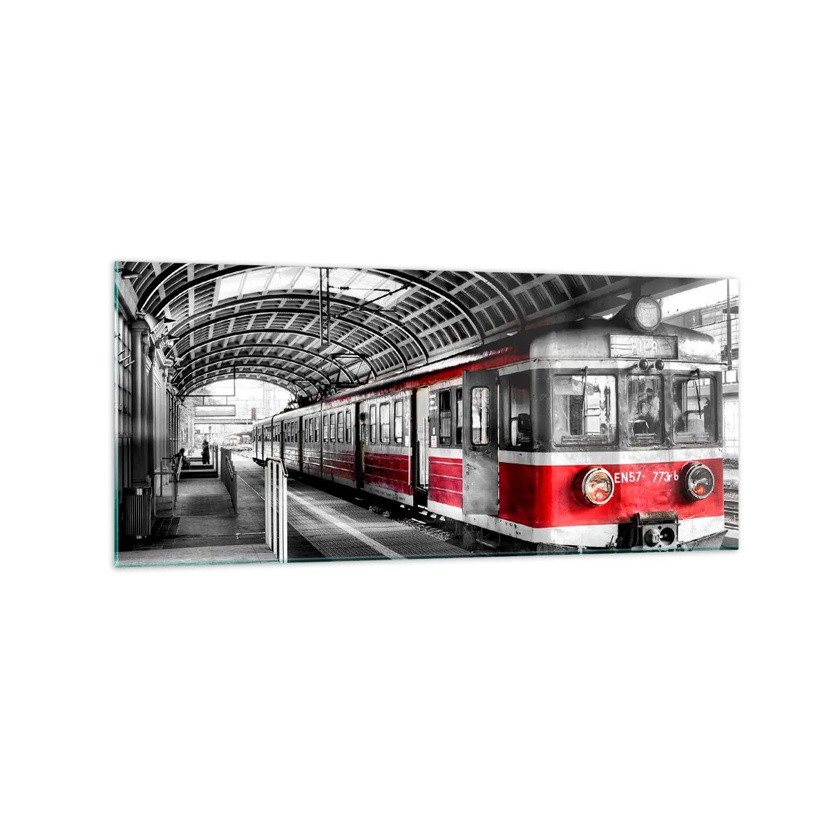 Glasbild - Bild auf glas - Roter Zug am Bahnhof unter einem Dach - 120x50cm - Vielleicht ist es eine Reise Ihres Lebens? - Moderne Wanddekoration für Wohnzimmer und Schlafzimmer ARTTOR