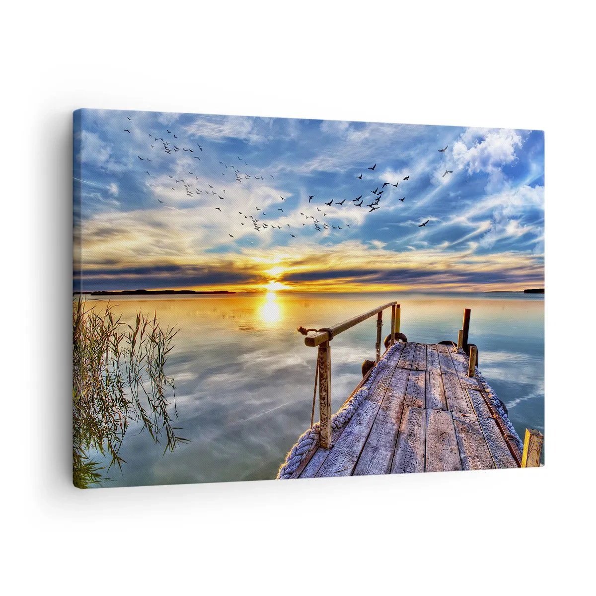 Bild auf Leinwand - Leinwandbild - Holzsteg über dem See bei Sonnenuntergang - 70x50cm - Der Wind geht zur Ruhe - Moderne Wanddekoration für Wohnzimmer und Schlafzimmer ARTTOR
