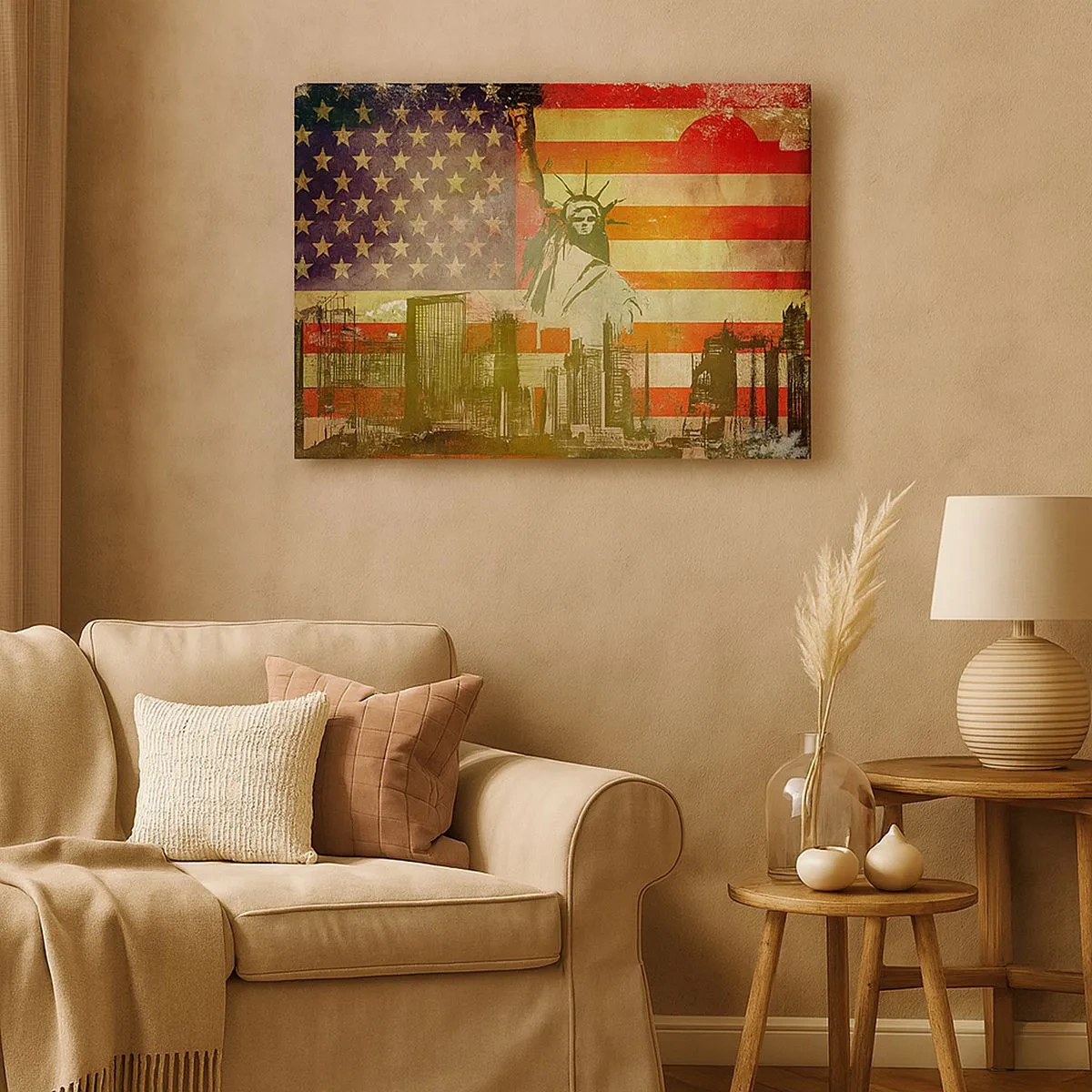 Bild auf Leinwand - Leinwandbild - Die Freiheitsstatue vor dem Hintergrund der amerikanischen Flagge und der Skyline der Stadt - 70x50cm - Viva Amerika! - Moderne Wanddekoration für Wohnzimmer und Schlafzimmer ARTTOR