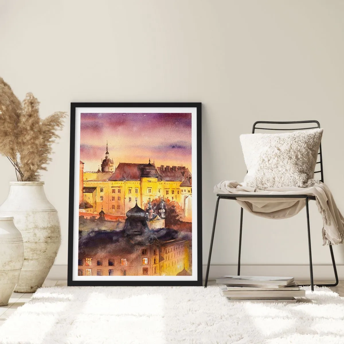 Poster in einem schwarzem Rahmen - Ein malerischer Blick auf die Stadt im Licht der untergehenden Sonne - 50x70cm - Geschichte und Märchen - Moderne Wanddekoration für Wohnzimmer und Schlafzimmer ARTTOR