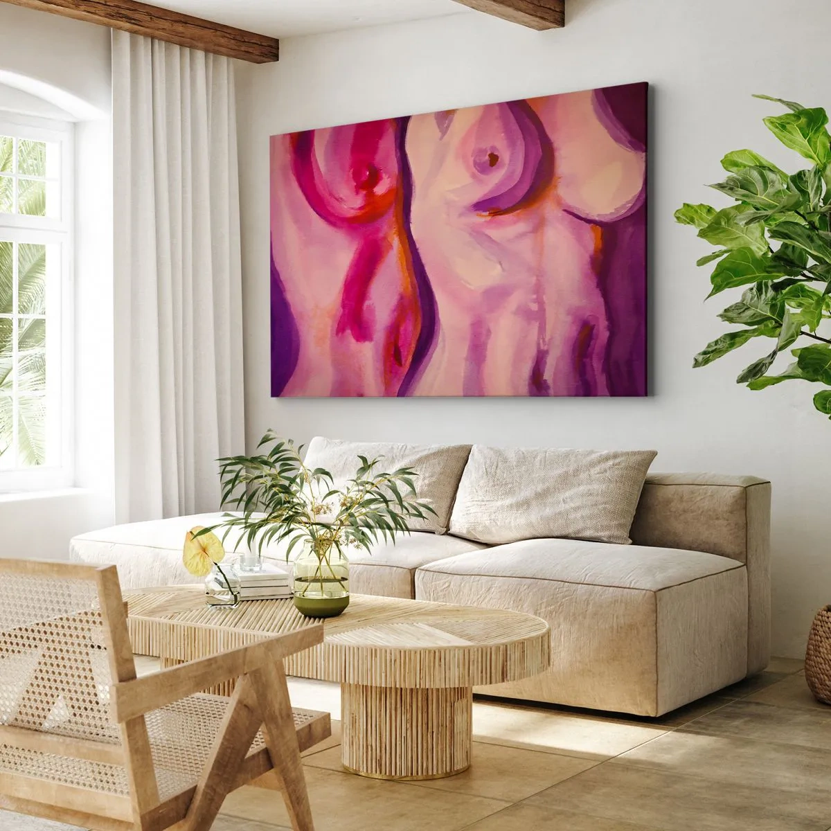 Bild auf Leinwand - Leinwandbild - Eine abstrakte Interpretation der weiblichen Silhouette in Rosa- und Lilatönen. - 70x50cm - Ode an die Weiblichkeit - Moderne Wanddekoration für Wohnzimmer und Schlafzimmer ARTTOR