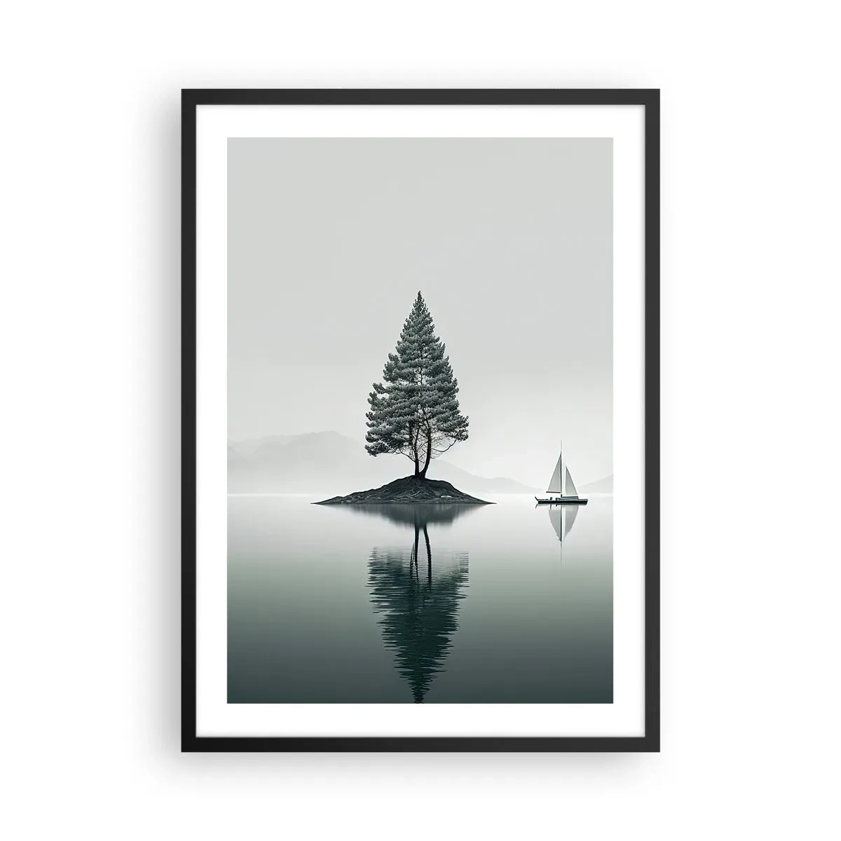 Poster in einem schwarzem Rahmen - Ein einsamer Baum auf einer Insel mit einer Spiegelung im Wasser - 50x70cm - Traum - Moderne Wanddekoration für Wohnzimmer und Schlafzimmer ARTTOR