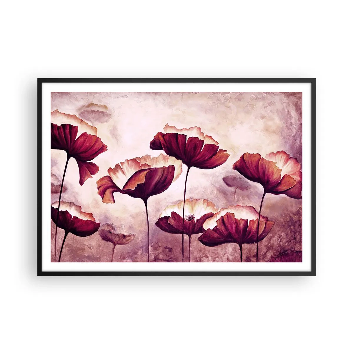 Poster in einem schwarzem Rahmen - Blumen in Rot- und Weißtönen auf dezentem Hintergrund - 100x70cm - Rotes und weißes Blütenblatt - Moderne Wanddekoration für Wohnzimmer und Schlafzimmer ARTTOR