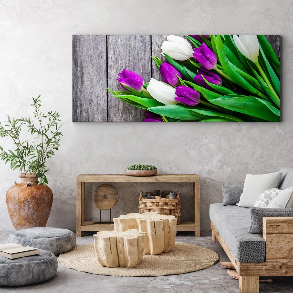 Bild auf Leinwand - Leinwandbild - Ein Strauß lila und weißer Tulpen auf einem hölzernen Hintergrund - 160x50cm - Am Tag der Frühlingsferien - Moderne Wanddekoration für Wohnzimmer und Schlafzimmer ARTTOR