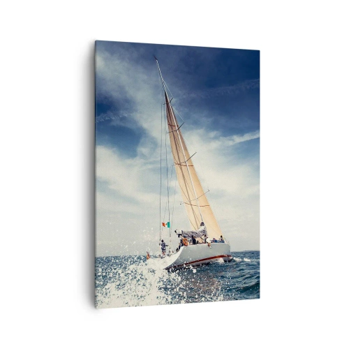 Bild auf Leinwand - Leinwandbild - Ein Segelboot auf stürmischer See unter blauem Himmel - 70x100cm - Sie werden uns nicht einholen! - Moderne Wanddekoration für Wohnzimmer und Schlafzimmer ARTTOR