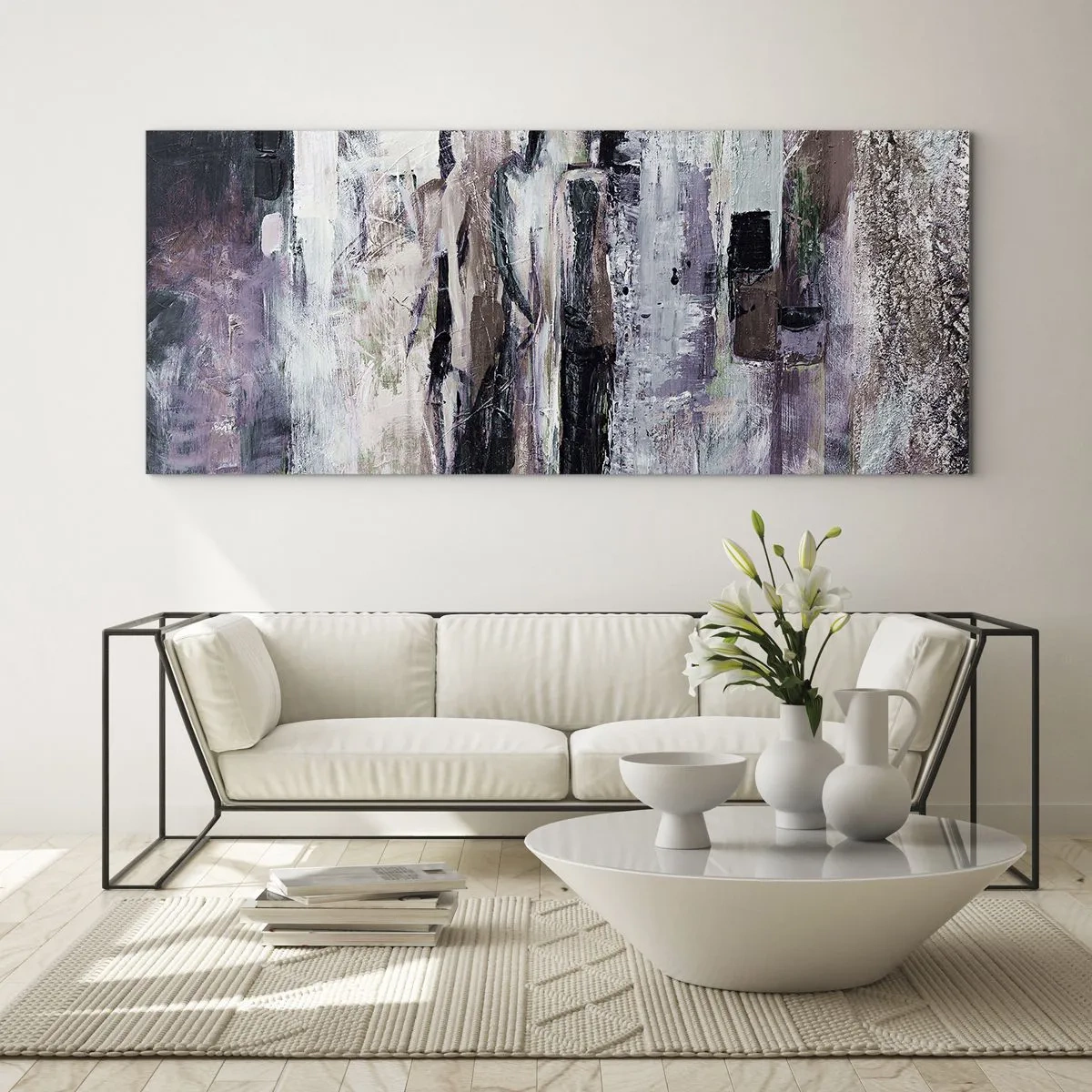 Glasbild - Bild auf glas - Eine abstrakte Komposition mit drei Figuren in Pastellfarben. - 120x50cm - Die geheimnisvolle Drei - Moderne Wanddekoration für Wohnzimmer und Schlafzimmer ARTTOR