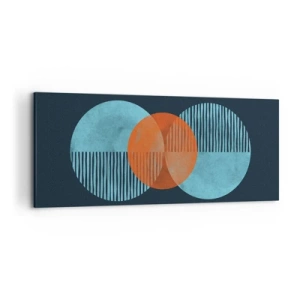 Bild auf Leinwand - Leinwandbild - Geometrische Kreise in Blau- und Orangetönen - 120x50cm - Symmetrische Komposition - Moderne Wanddekoration für Wohnzimmer und Schlafzimmer ARTTOR