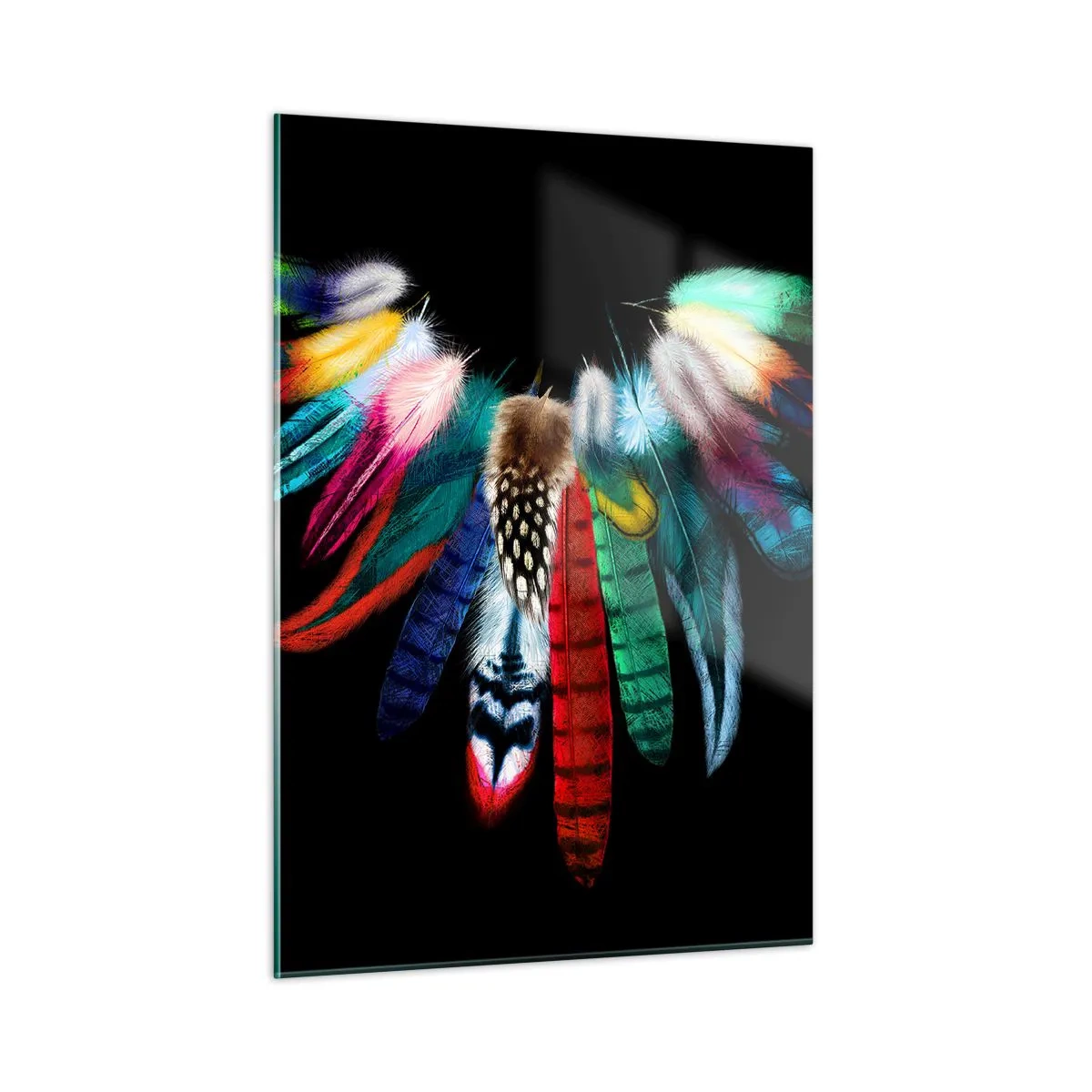 Glasbild - Bild auf glas - Bunte Federn in Flügeln angeordnet auf schwarzem Hintergrund - 50x70cm - Indische Halskette - Moderne Wanddekoration für Wohnzimmer und Schlafzimmer ARTTOR