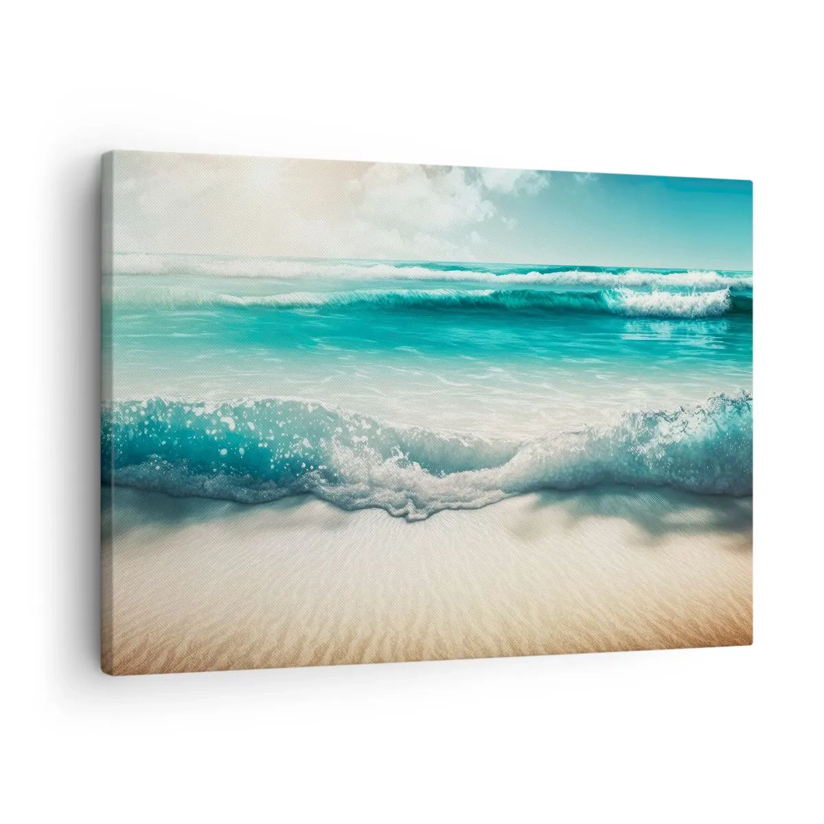 Bild auf Leinwand - Leinwandbild - Meereswellen an einem hellen Sandstrand - 70x50cm - Frieden des Ozeans - Moderne Wanddekoration für Wohnzimmer und Schlafzimmer ARTTOR