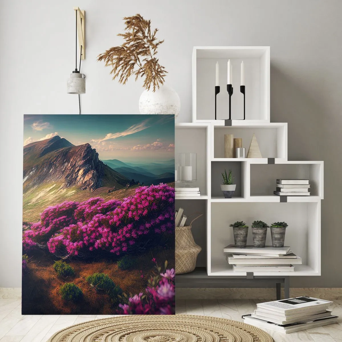 Glasbild - Bild auf glas - Berglandschaft mit blühenden Rhododendren - 70x100cm - Sommer in den Bergen - Moderne Wanddekoration für Wohnzimmer und Schlafzimmer ARTTOR