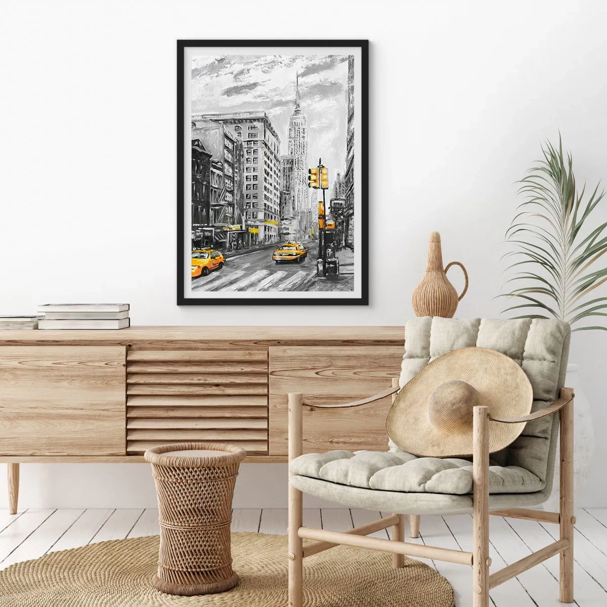Poster in einem schwarzem Rahmen - Eine New Yorker Straße mit gelben Taxis im Hintergrund - 50x70cm - Eine New Yorker Geschichte - Moderne Wanddekoration für Wohnzimmer und Schlafzimmer ARTTOR