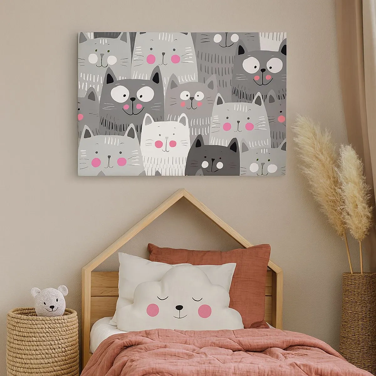 Bild auf Leinwand - Leinwandbild - Ein lustiges Muster mit Katzen in Grautönen - 70x50cm - Katzenwelt - Moderne Wanddekoration für Wohnzimmer und Schlafzimmer ARTTOR