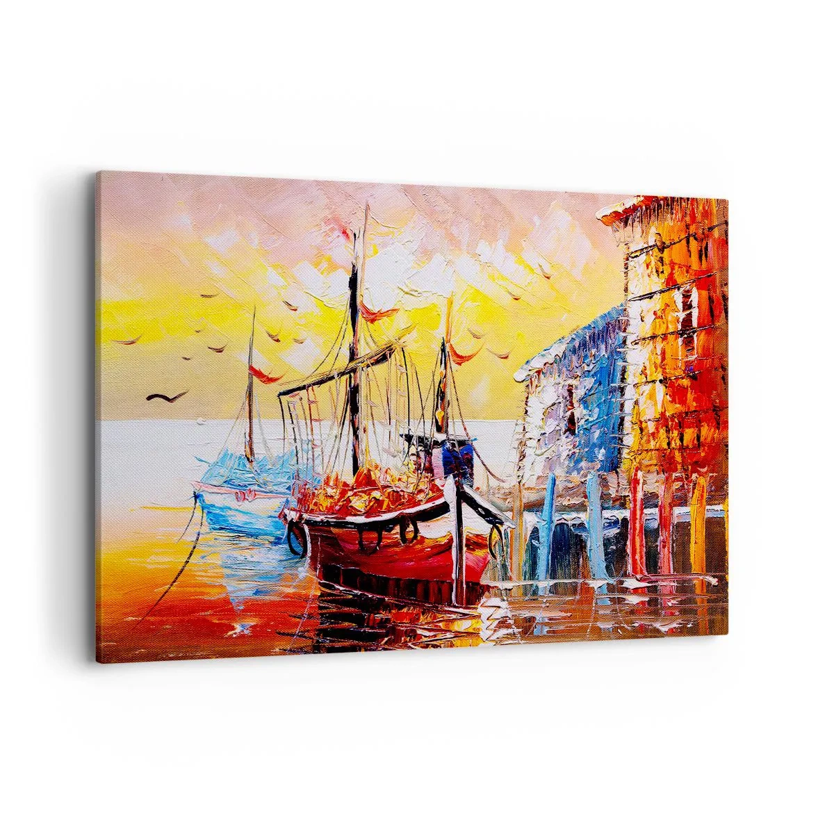 Bild auf Leinwand - Leinwandbild - Malerischer Hafen bei Sonnenuntergang mit Fischerbooten - 120x80cm - Glückliche Rückkehr - Moderne Wanddekoration für Wohnzimmer und Schlafzimmer ARTTOR