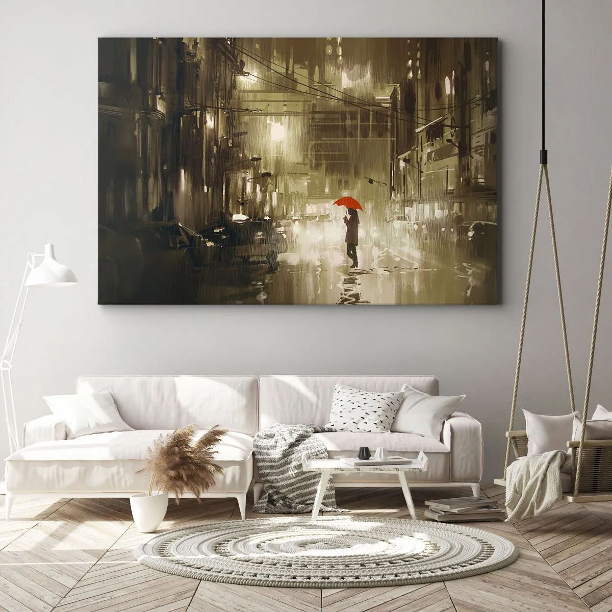 Bild auf Leinwand - Leinwandbild - Eine Figur mit einem roten Regenschirm in einer verregneten Stadt - 120x80cm - Allein aber nicht einsam - Moderne Wanddekoration für Wohnzimmer und Schlafzimmer ARTTOR
