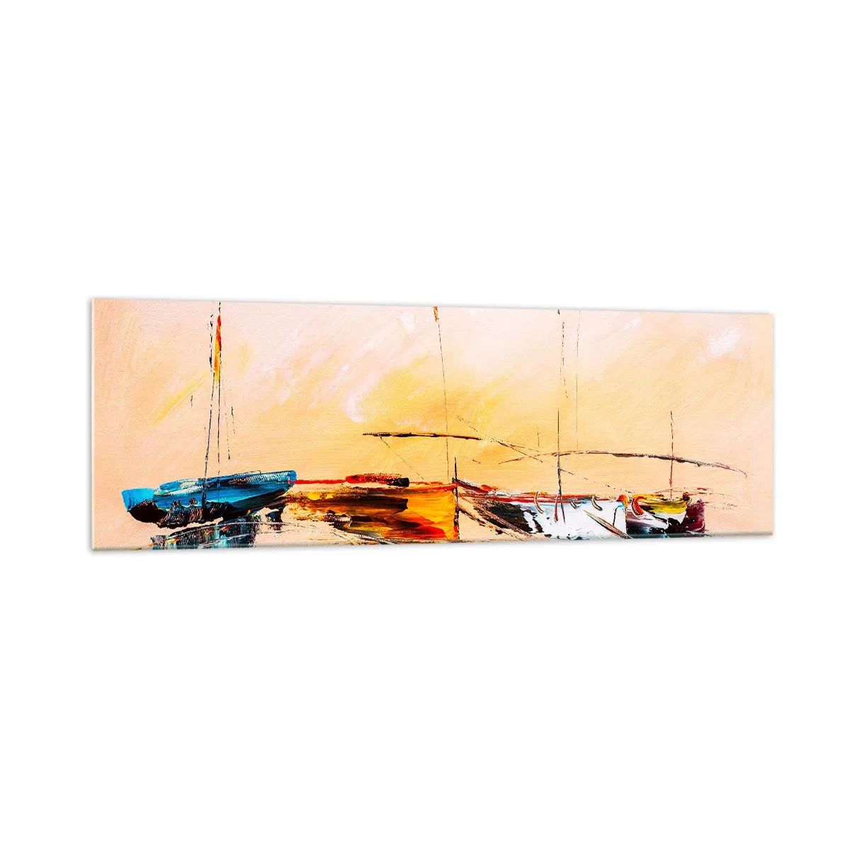 Glasbild - Bild auf glas - Bunte Boote auf ruhigem Wasser bei Sonnenuntergang - 160x50cm - Abend im Yachthafen - Moderne Wanddekoration für Wohnzimmer und Schlafzimmer ARTTOR
