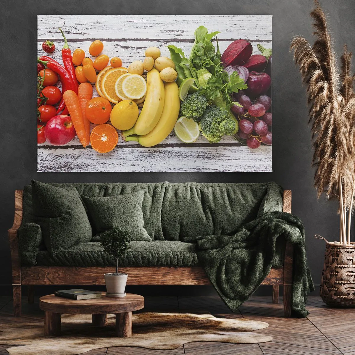 Bild auf Leinwand - Leinwandbild - Buntes Obst und Gemüse auf einem hölzernen Hintergrund - 100x70cm - Es ist nicht genug? - Moderne Wanddekoration für Wohnzimmer und Schlafzimmer ARTTOR
