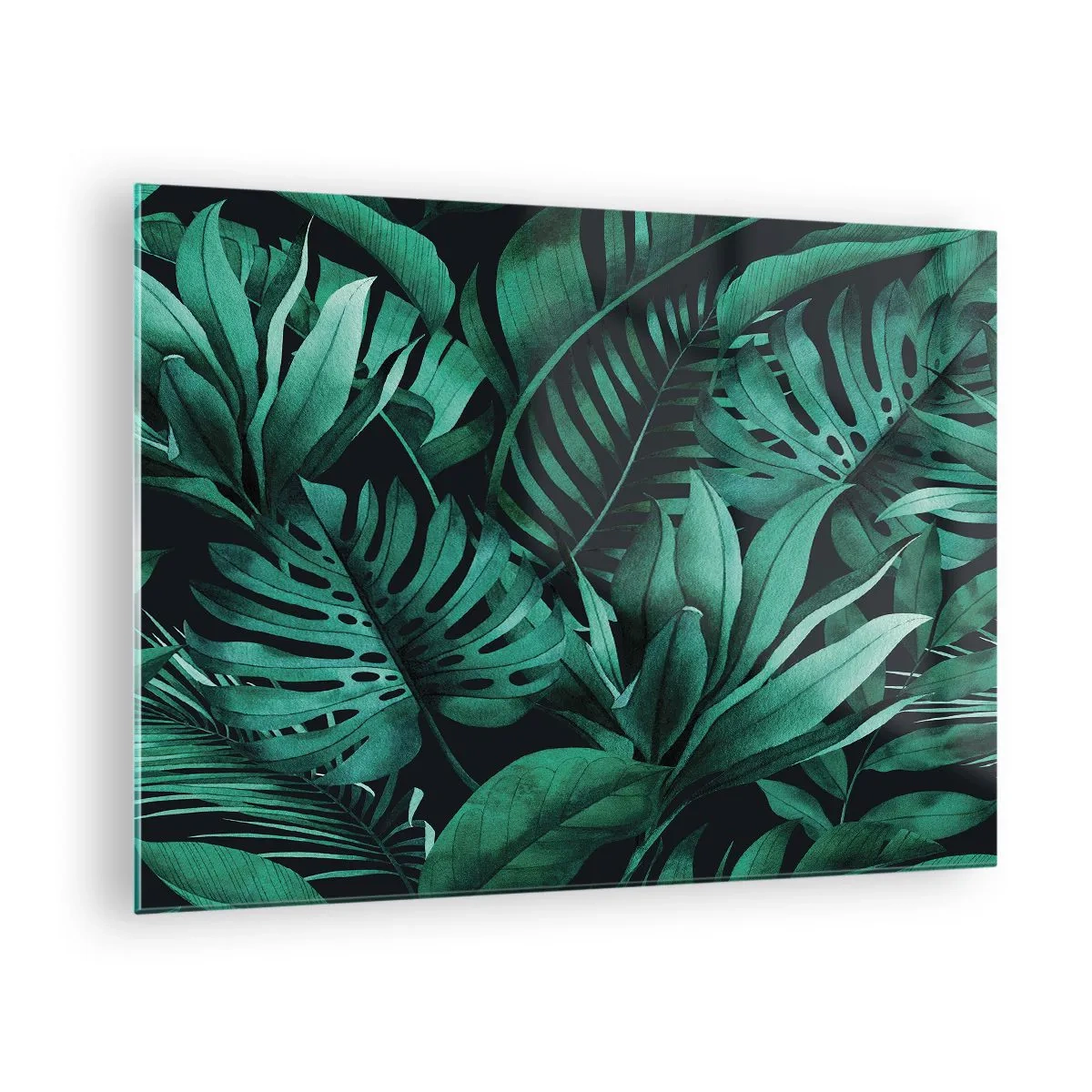 Glasbild - Bild auf glas - Üppig grüne Blätter in einer tropischen Komposition - 70x50cm - Die Tiefe des tropischen Grüns - Moderne Wanddekoration für Wohnzimmer und Schlafzimmer ARTTOR